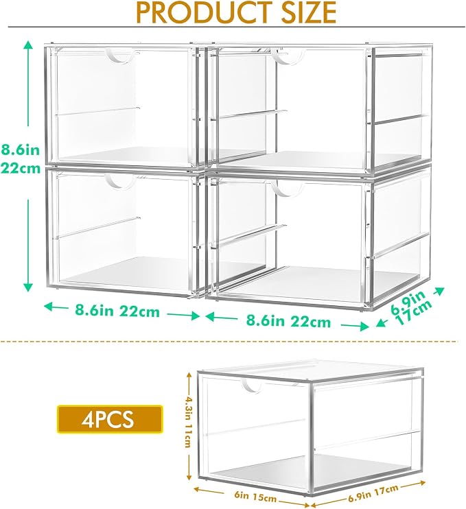 caktraie 4-Pack 4-Drawer Acrylic Storage Organizer for Desk, Crafts,Vanity | Smooth-glide drawers, clear body, dustproof, wipe clean, for paintbrushes, beads, sequins, googly eyes, embroidery floss - Image 3