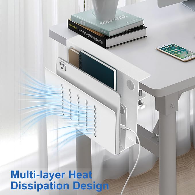 HAMOPY Desk Side Storage, 2 Tier Steel Hanging Desk Organizer with Magnetic Pen Holder, No Drilling Standing Desk Drawer Cable Management Tray, Under Table Laptop Holder for Office, School&Home(White) - Image 5
