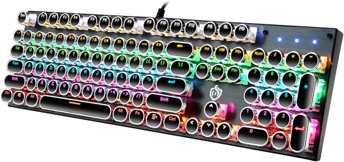 YSCP Typewriter Style Mechanical Gaming Keyboard Rainbow Backlit Wired with Blue Switch Retro Round Keycap 104 Keys Keyboard (L-Black) by YSCP