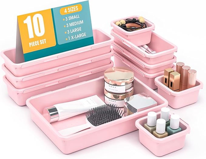 10 PCS Drawer Organizer Set, 4 Size Makeup Drawer Divider Organizer With Non-Slip Pads, Interlocking Plastic Storage Bins for Office,Jewelry Vanity,Gadgets, Bathroom,Kitchen, Pink by StoreHappily