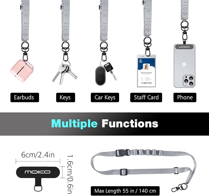 MoKo Universal Phone Lanyard, Nylon Adjustable Cell Phone Crossbody Strap Detachable Women & Men Cellphone Lanyards Around the Neck with Patches for iPhone, Most Smartphone, Dark Gray - Image 6