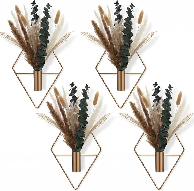 Jexine 4 Pcs Hanging Planters with Artificial Pampas Metal Hanging Vase Indoor Plants Holder Modern Geometric Boho Bathroom Wall Decor for Living Room Home Office, Antique Copper by Jexine