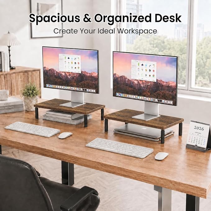 OPNICE Adjustable Monitor Stand Riser for Desk, Computer & Laptop Stand, Desk Organizers and Accessories, Office Desk Accessories & Workspace Organizer for Home Office, Brown Wood - Image 3