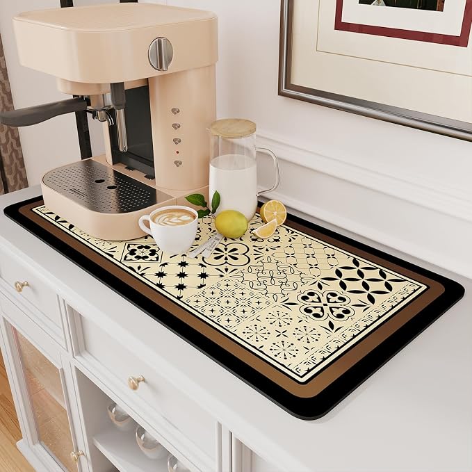 AMOAMI Coffee Mat Hide Stain Rubber Backed Absorbent Dish Drying Mat for Kitchen Counter - Fits Under Coffee Maker or Machine - Khaki 17x31.5 by AMOAMI