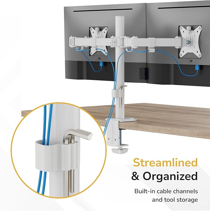 Mount-It Dual Monitor Arm for Desk, Full Motion Steel Mount 17-32 Inch | Holds up to 19.8 lbs per Arm, VESA 75x75 100x100, C-Clamp and Grommet Base, Cable Management, Height Adjustable, White - Image 8