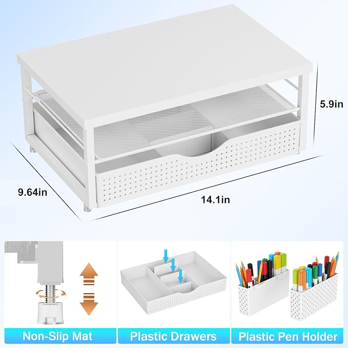 gianotter Desk Organizers and Accessories, Monitor Stand with Drawer and 2 Pen Holder, Desktop Organizer Suitable for Offices and Dormitories (White-Plain) - Image 5