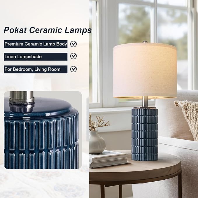 PoKat 20.75" Small Blue Table Lamps, Farmhouse Bedside Lamps for Bedroom Set of 2, Ceramic End Table Lamps for Night Stands Living Room, Modern Nightstand Desk Lamps, Dark Blue - Image 6