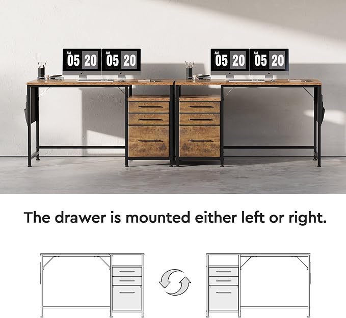 Maihail Small Desk with Drawers, Office Desk with Storage Shelves, Brown2 | 47 Inch Desktop, Metal Frame, 3 Fabric Drawers, Storage Shelves, Computer & Writing Desk, Office Gaming Workstation - Image 6