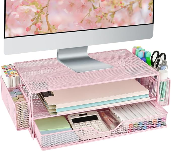 AUPSEN Computer Monitor Stands Riser，2-Tier Desk Organizers and Accessories, Office Desk Accessories Organizer with Drawers and 2 Pen Holder for Office Supplies (Pink) by AUPSEN