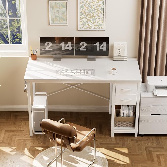 Sweetcrispy 40-Inch Computer Desk with Drawers, Office Desk, White | Small Desk for Bedroom Home Office with Side Hook, Modern Simple desk with storage for Writing - Image 2