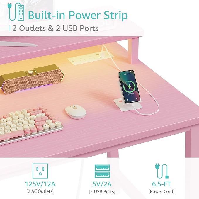 Lufeiya Girls Desk with Power Outlets and LED Lights, 40 Inch Gaming Desk Table with Charging Station, Home Office Computer Desks with Monitor, Pink - Image 4