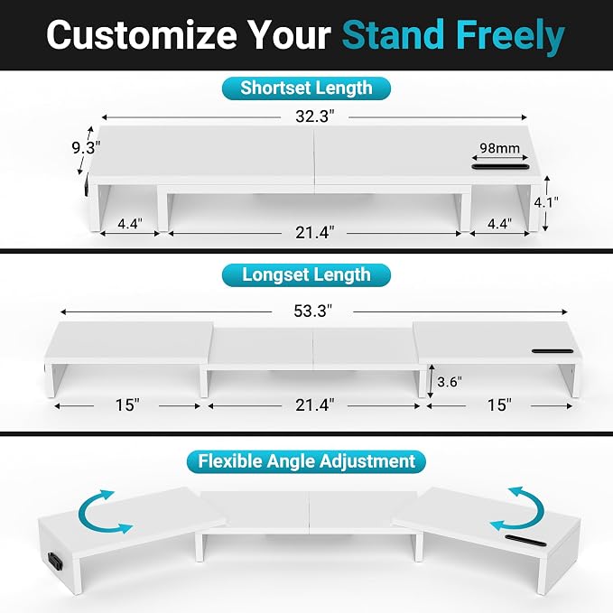 BONTEC Triple Monitor Stand Riser with Smartphone Holder, White | Adjustable Length & Swivel Angle, Ergonomic Wooden Desktop Organizer for PC Monitor, Laptop, Printer, Large Storage, 53.3 in - Image 3