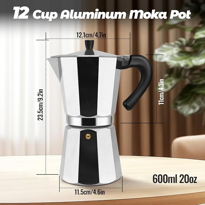 12 Cup Aluminum Moka Pot Classic Stovetop Espresso Coffee Maker 600ml 20oz Coffeemaker Percolator Mocha Pot Greca Coffee Maker Cafe Makers for Italian and Cuban Café Brewing Silver - Image 2