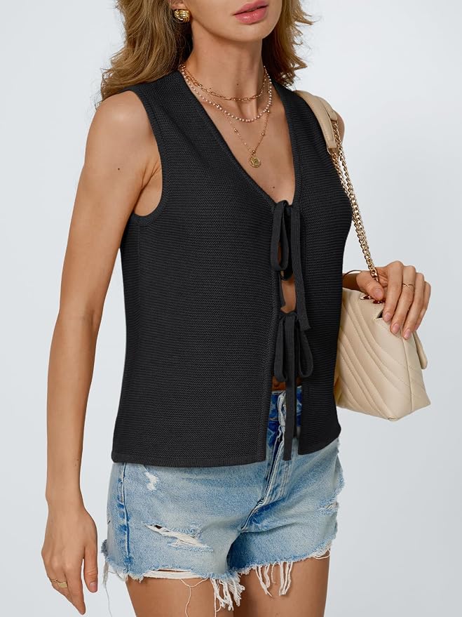 LILLUSORY Womens Tie Front Tops Vacation Sweater Vest | Bohemian Style, Beach Resort Wear, Concert Western Outfits, Crochet Tops, Vacation Outfits, Cute Y2k Sleeveless 2026 - Image 3