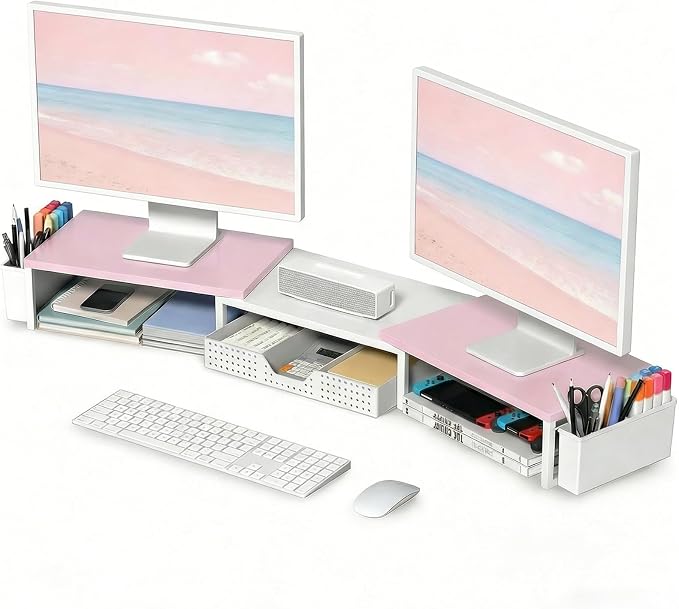OPNICE Desk Organizers and Accessories, Dual Monitor Stand Riser with Drawer and 2 Pen Holders, Desk Shelf Wood Computer Racks for Office Workspace Organizers, Desktop Organization (Pink-White Wood) by OPNICE