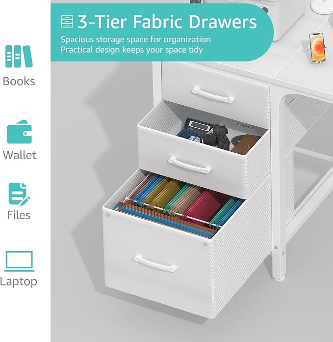 Lufeiya White Computer Desk with Fabric File Drawers Cabinet, 55 Inch Reversible Desks with Storage Filing Cabinet for Home Office, Modern Writing Table PC Desks for Bedroom, White - Image 6