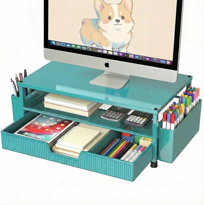 ECOLOVI Desk Organizer and Accessories, 2-Tier Computer Monitor Stand Rise with Storage Drawer & 2 Pen Holders, Laptop & Printer Stand for Desktop, Workspace Organizers for Office Supplies (Blue) by ECOLOVI