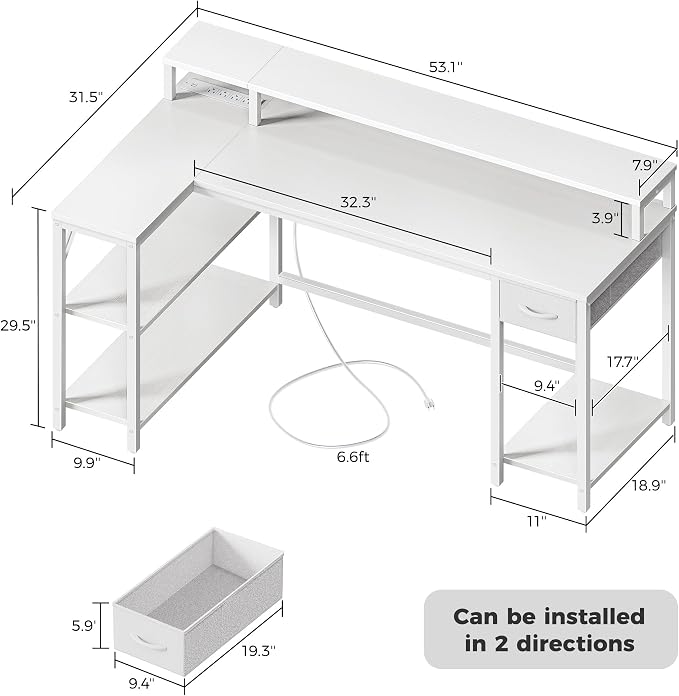 SUPERJARE 53 inch Reversible L Shaped Desk with LED Lights & Power Outlets, Computer Desk with Shelves & Monitor Stand, Gaming Desk with Drawer, Home Office Desk Corner Desk, PU White Drawer - Image 3