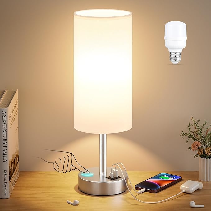 Dicoool Bedside Table Lamp for Bedroom - 3-Way Dimmable Touch Lamp, USB A+C | LED Bulb Included, 14" Small Nightstand Lamp for Desk, Living Room, Guest Room, White Fabric Lampshade, Silver Metal Base by DicooolDirect