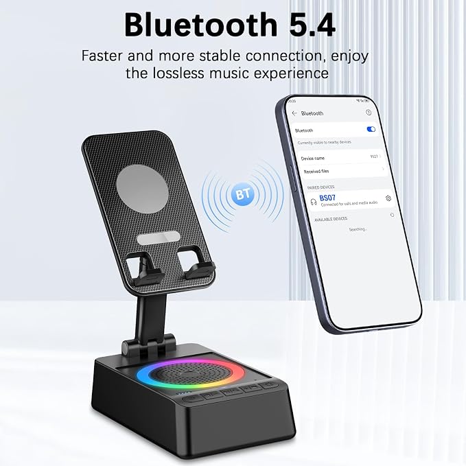 Gifts for Men Women, Cell Phone Stand with Wireless Bluetooth Speaker, 4 in 1 Bluetooth Speaker, for Men Women Teens, LED Lights 360° Phone Holder Compatible with Phones iPad - Image 6