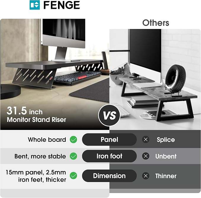 Fenge Monitor Stand Riser, 31.5 Inch Desk Top Shelf for 2 Monitors, Computer Stands for Desk, Wood & Steel Desktop Riser for Laptop, PC, Printer - Image 3