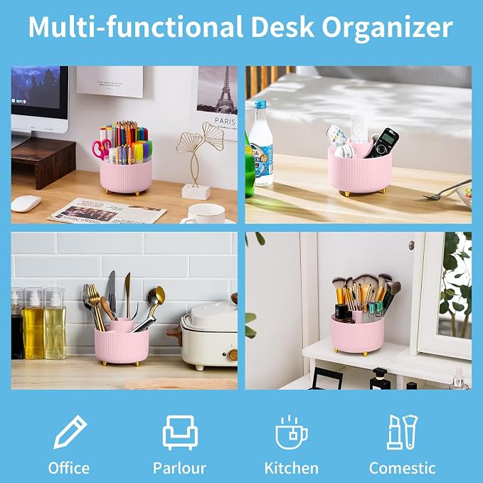 Marbrasse Desk Organizer, 360-Degree Rotating Pen Holder, Desk Organizers and Accessories with 5 Compartments Pencil Organizer, Art Supply Storage Box Caddy for Office, Home(Pink) - Image 2
