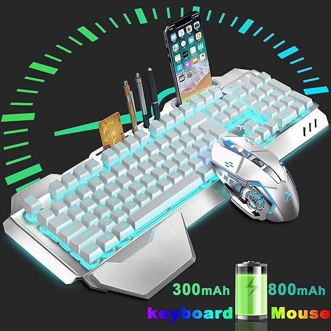Wireless Keyboard and Mouse, Blue LED Backlit Rechargeable Keyboard with 3800mAh Battery, Metal Panel, Removable Hand Rest Mechanical Feel, 7 Color Gaming Mute Mouse for PC Gamers - Image 3
