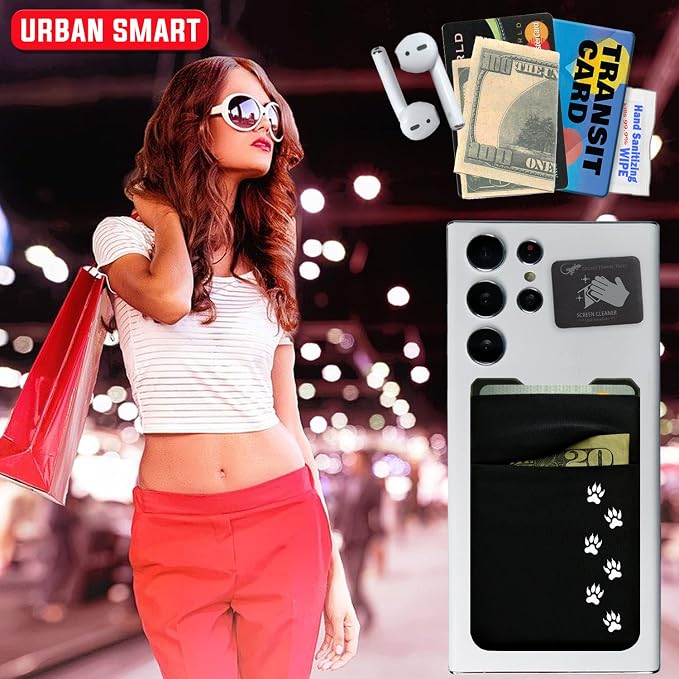 Gecko Travel Tech Double Pocket - Adhesive Card Holder - Cell Phone Pouch - Stick on Spandex Pocket - Carry Credit Cards and Cash (Black - CAT PAW) - Image 8