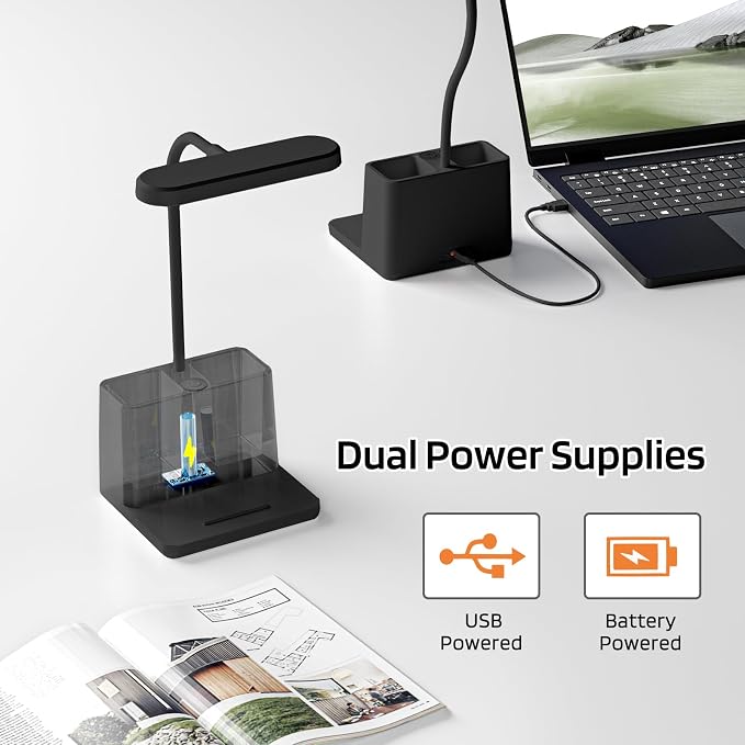 AXX Black LED Desk Lamp, Battery Operated Small Table Light for Dorm Room | Rechargeable, Battery-Powered, Cute, Dimmable, Gooseneck, Pen Holder, Touch Control, for Home Office Bedroom Desktop - Image 5