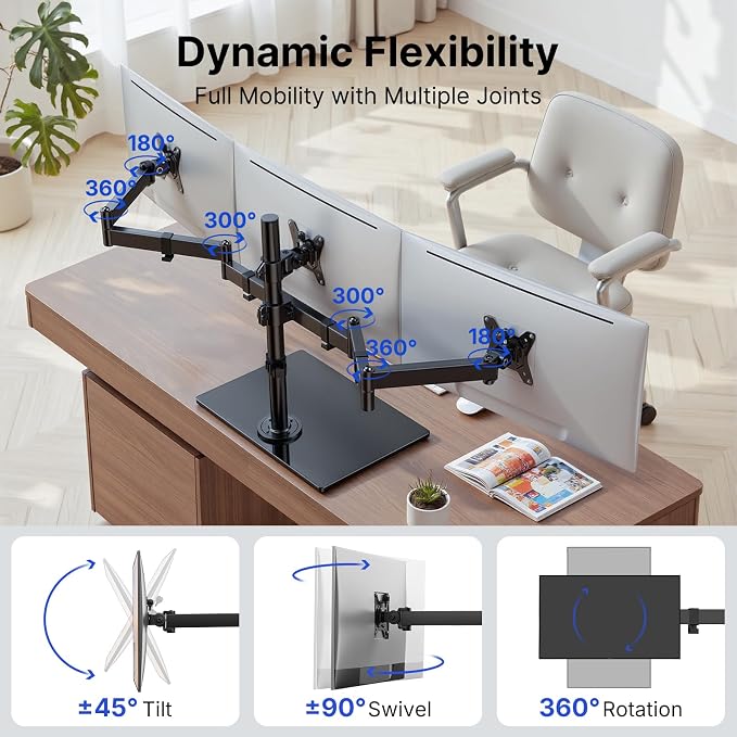 HUANUO Free Standing Triple Monitor Mount for 13-27 Inch Screens | Larger Tempered-Glass Base, Heavy Duty Thicker Steel, Tilt, Swivel, Rotation, Holds up to 22 lbs, VESA 75x75/ 100x100mm - Image 3
