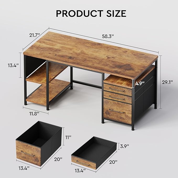 Maihail Small Desk with Drawers, Office Desk with Storage Shelves, Brown2 | 59 Inch Desktop, Metal Frame, 3 Fabric Drawers, Storage Shelves, Computer & Writing Desk, Office Gaming Workstation - Image 2