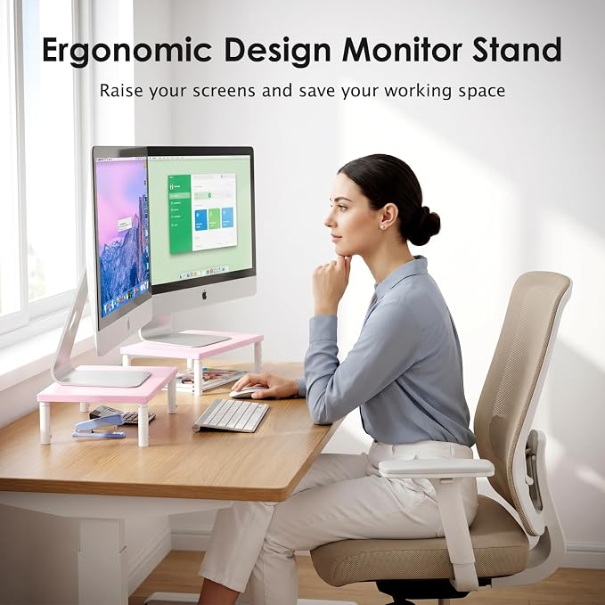 ECOLOVI 4-Height Adjustable Wood Computer Monitor Stand Riser, Desktop PC Printer Laptop Stand for Desk Organizer and Accessories, Office Desk Decor & Accessories for Women, Pink - Image 2