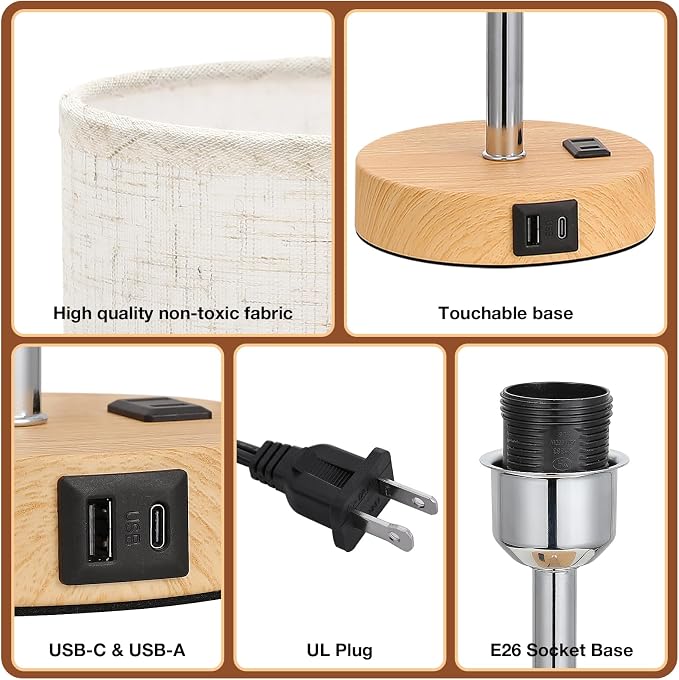 Dicoool 17.4" Bedside Lamp for Bedroom - Dimmable Touch, USB A+C, AC Outlet | LED Bulb Included, 3-Way Dimmable, 17.4" Table Lamp for Guest Room, Living Room, Fabric Lampshade, Wood-Grain Metal Base - Image 8