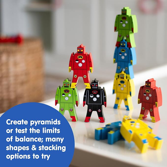 Schylling Stacking Robots - Colorful Wooden Stacking Toy for Kids - 9 pcs. Fun Puzzle for Balancing and Imaginative Play - Ages 3 and Up - Image 3