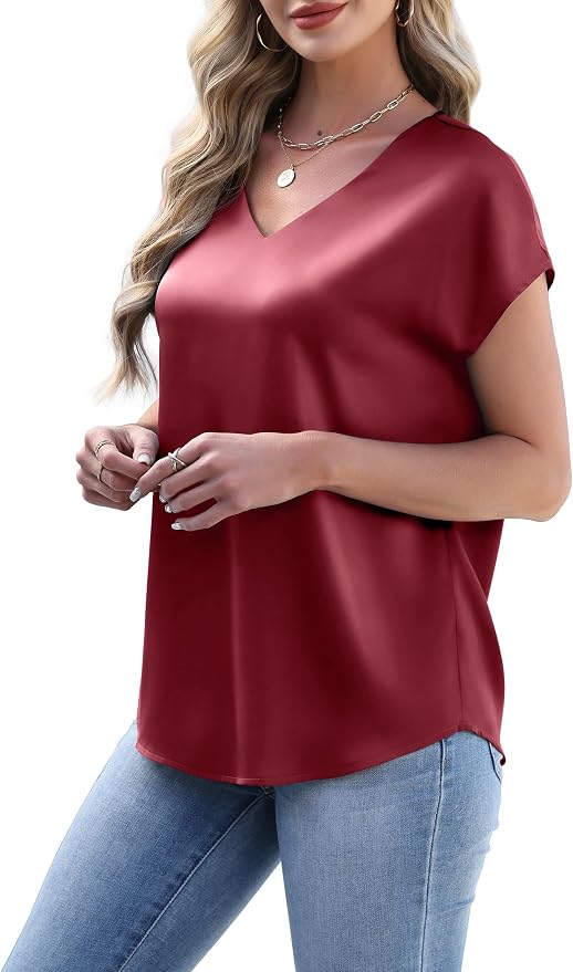 WIHOLL Womens Satin Summer Tops Cap Short Sleeve Blouses V Neck Shirts Business Casual Outfits Fashion Clothing 2026 - Image 5