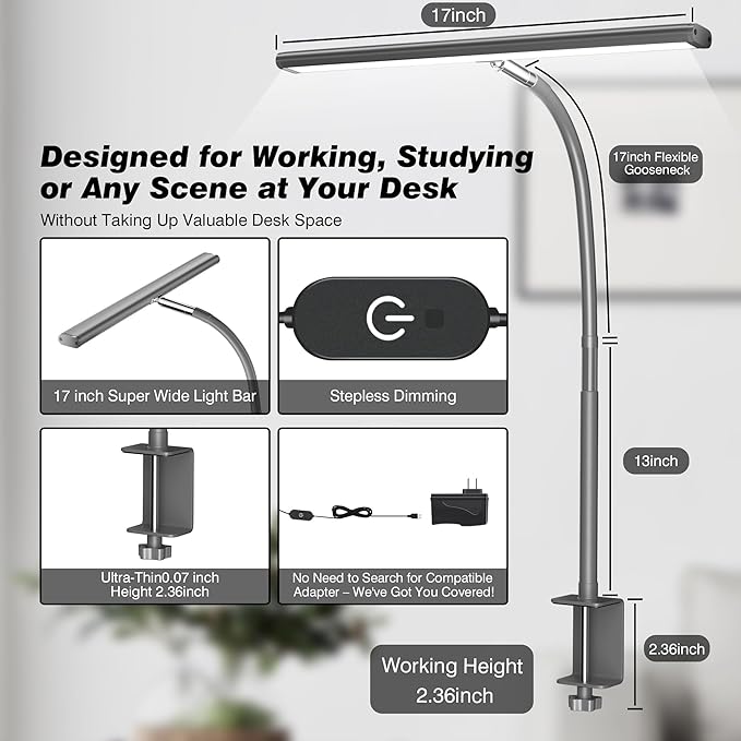 Airlonv LED Desk Lamp for Office Home, Eye-Caring Desk Light with Stepless Dimming Adjustable Flexible Gooseneck, 10W USB Adapter Desk Lamp with Clamp for Reading, Study, Workbench (Grey) - Image 3