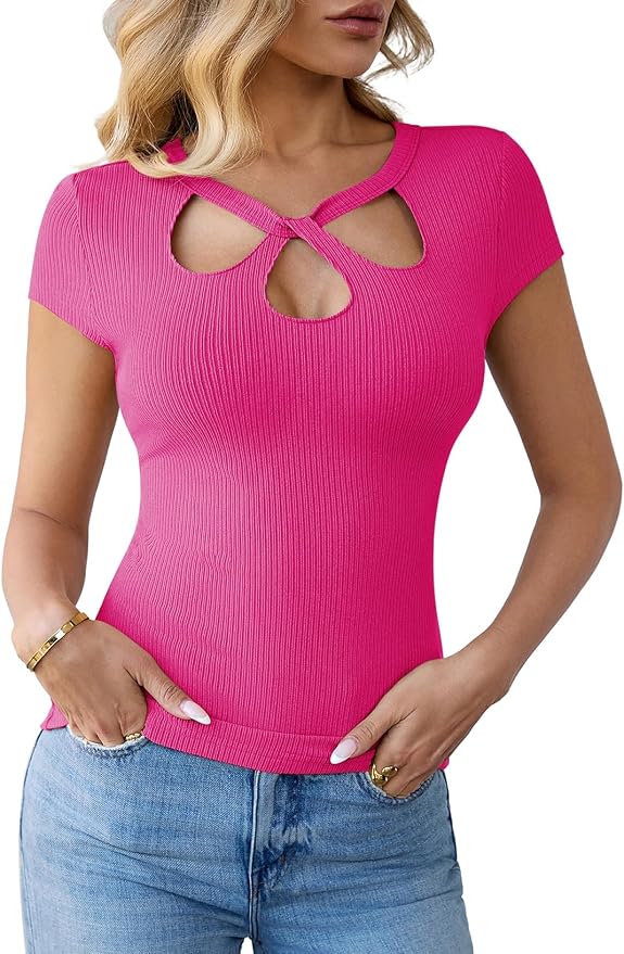 Pink Queen Sexy Tops for Women Cutout Keyhole Neck Cap Sleeve Shirts Casual Summer Clothes 2026 Fashion - Image 5