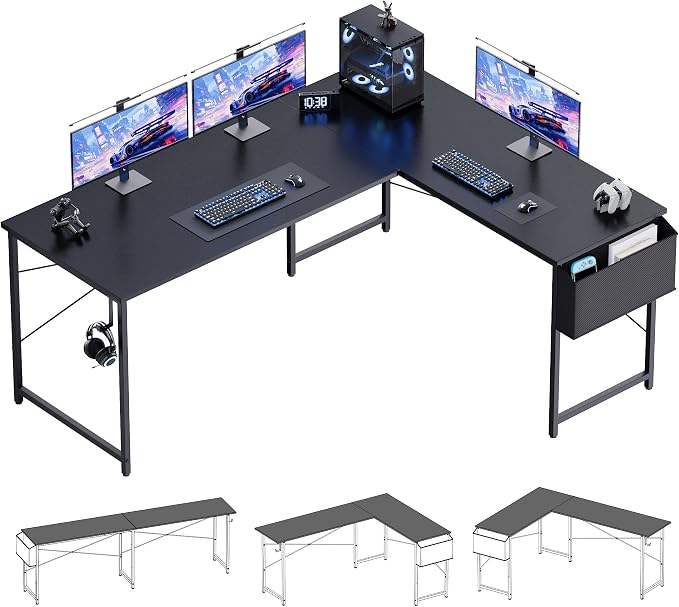 Pamray 64.5 Inch Reversible L Shaped Gaming Desk Large Corner Computer Desk with Storage Bag Home Office Table for Writing Study Black - Image 4