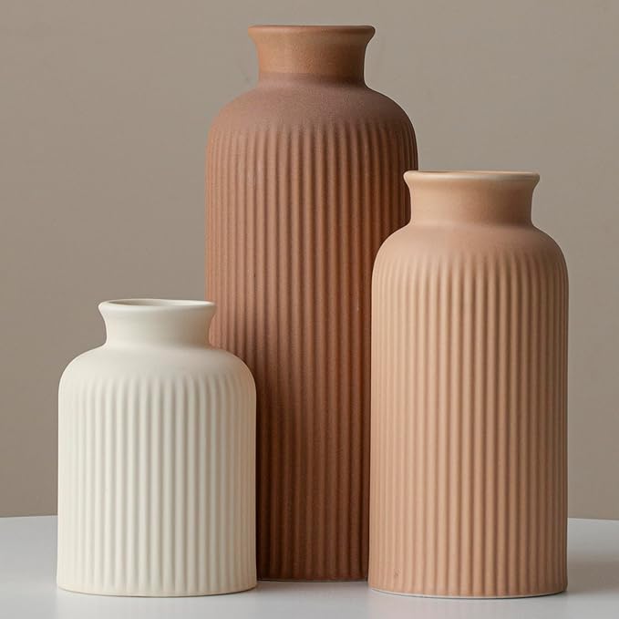 Large Modern Ceramic Vase Set, Coffee Ribbed Matte Design, 3-Piece Decorative Vases for Home, Living Room, Office (XL Coffee Mix) by Vaurcesavase