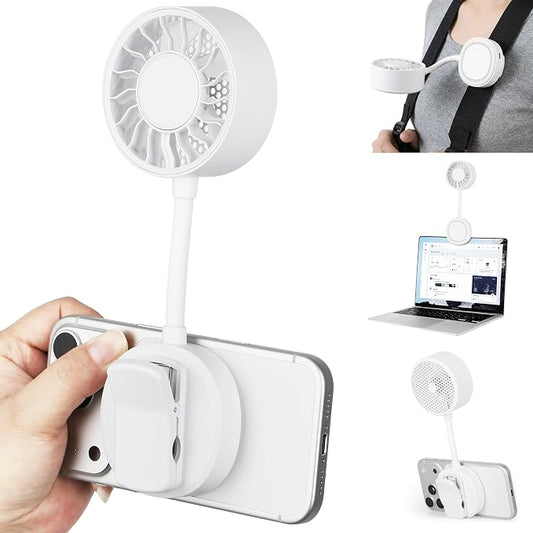 Magnetic Phone Fan, Small Portable Fan & Phone Stand with 360° Flexible Gooseneck, 3 Speeds, Wide Airflow, Rechargeable, Pocket Size for Women, Travel, Beach, Summer Cooling, Makeup Use, White by Kehuitry