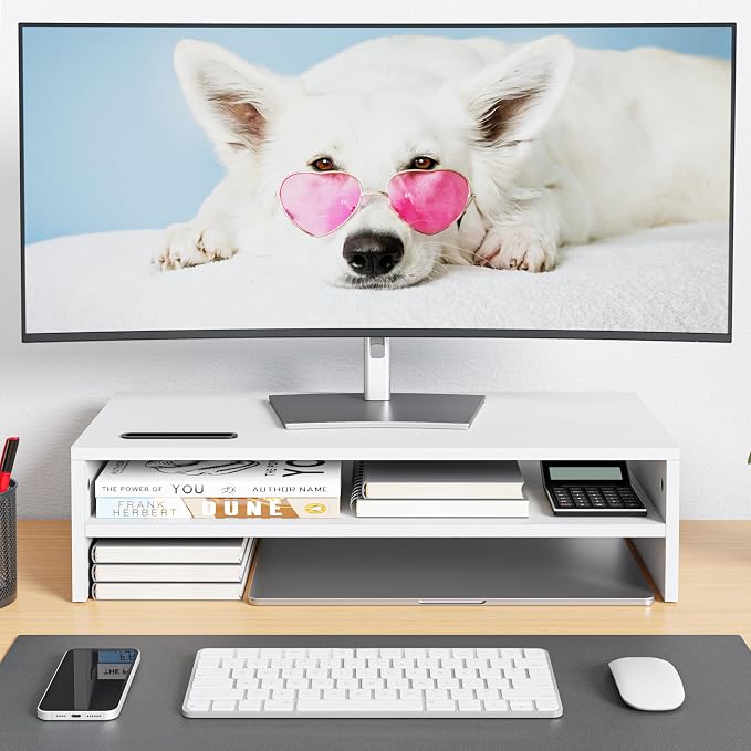 BONTEC Wood Monitor Stand Riser, 2-Tier Desktop Organizer | Ergonomic Computer Stand for Desk, Cable Management, Cellphone Holder, 21.3 Inch Shelf, White - Image 2