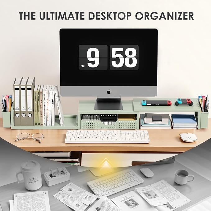 OPNICE Desk Organizers and Accessories, Dual Monitor Stand Riser with Drawer and 2 Pen Holders, Desk Shelf Metal Computer Monitor Stand for Office Workspace Organizers, Desktop Organization (Green Metal) - Image 6