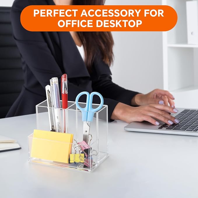 Pen Holder for Desk, Clear Acrylic Pencil Holder for Desk, Marker Holder with 3 Compartments, Pencil Organizer for Home, Office, Classroom, Bathroom | Plastic Marker Holder with 3 Compartments, Pencil Organizer for Office, Makeup Brush Holder for Bathr... - Image 4