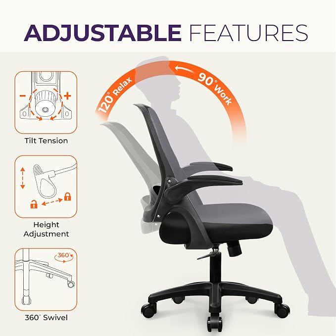 NEO CHAIR Office Desk Chair Computer Gaming Ergonomic Lumbar Back Support with Flip-up Padded Armrest Adjustable Height and Wheels for Home Vanity Bedroom Study (All Black) | Lumbar Support, Height Adjustment, 360° Swivel and Rolling Base, Space-Saving... - Image 5
