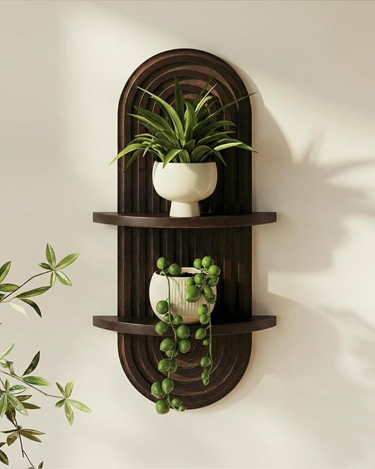 Bamworld Boho Wall Decor Plant Wall Shelf Mid Century Modern Decor Hanging Plant Shelf 2-Tier Wooden Floating Shelves for Home Bathroom Bedroom Living Room Office Holding Planter Decoration Walnut by Bamworld
