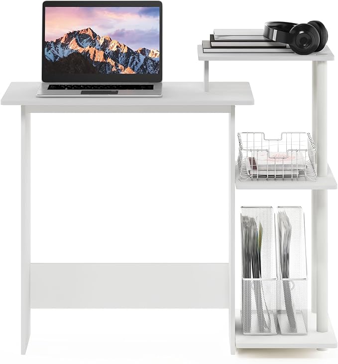 Furinno Efficient 29-Inch White Computer Desk with Side Shelves, Gaming Desk with 3 Open Shelves, Home Office Desk, for Home Office, Study Room, Dorm, Bedroom, Plain White - Image 4