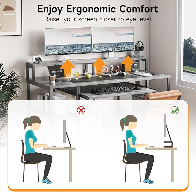 VERMESS Computer Desk- 48 Inch Home Office Desk with Keyboard Tray, 47" Gaming Desk with Full Monitor Stand & Storage Shelves & CPU Stand, Modern Study Writing Table with Shelf for Storage, Gray Oak - Image 4
