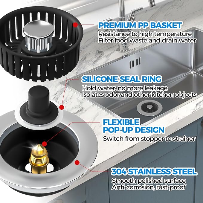 3 in 1 Kitchen Sink Drain Strainer Stopper Removable Basket Pop-Up | Kitchen Sink Accessories 3 Pack Black Stainless - Food Catcher, Odor-Blocking Seal, Fits 3.5" Drain, Easy Clean - Image 5