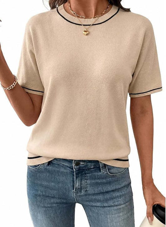 SHEWIN Womens Tops Trendy Short Sleeve Shirts Crewneck Lightweight Knit Sweater Top Business Casual Outfits by SHEWINBeYourFashionStylist