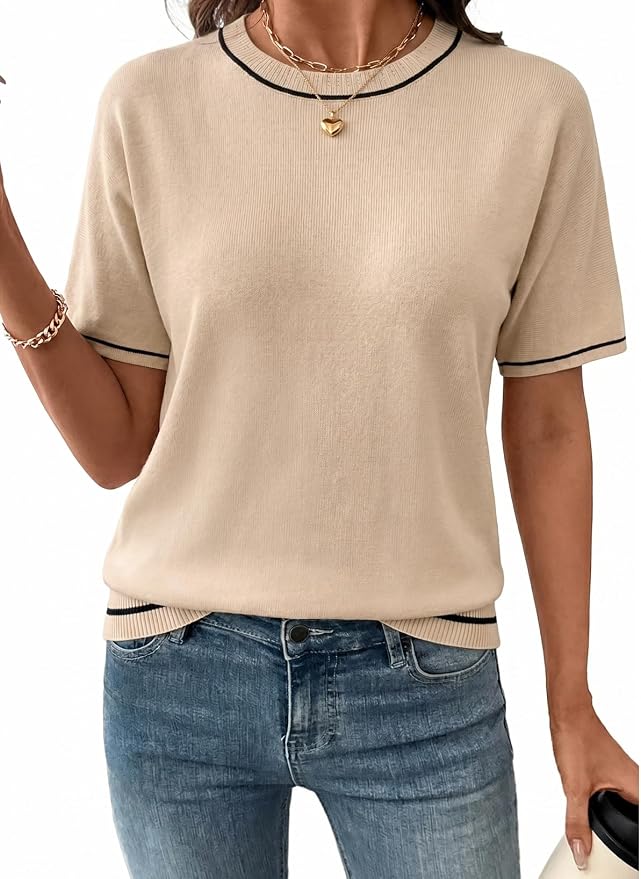 SHEWIN Womens Tops Trendy Short Sleeve Shirts Crewneck Lightweight Knit Sweater Top Business Casual Outfits by SHEWINBeYourFashionStylist